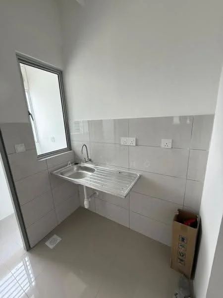 Laundry features: single-bowl stainless-steel sink, chrome pull-down faucet, white tiled walls, grey tiled backsplash, glossy floor tiles, window with metal frame, plumbing fixtures visible, countertop with drainage area; style: modern.