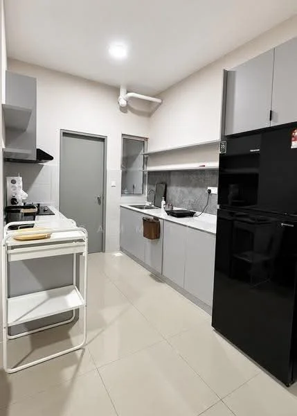 Kitchen features: grey cabinetry, white countertops, black refrigerator, built-in oven, 4-burner gas hob, stainless-steel sink, chrome pull-down faucet, white tiled backsplash, ceramic tile flooring, recessed downlights, wall-mounted kitchen shelf, open shelving unit, window with view, grey accent wall; style: modern.