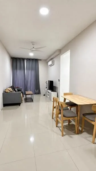 Living features: grey fabric sofa, wooden dining table, 4 wooden dining chairs, wall-mounted TV, air conditioning unit, ceiling fan, large windows with sheer curtains, light-colored walls, glossy tile flooring, decorative throw pillows, side table; style: modern.