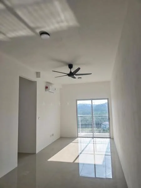 Room features: white painted walls, polished tile flooring, 5-blade ceiling fan, wall-mounted split AC, floor-to-ceiling sliding glass door, mountain view, natural light from large window; style: modern; view: mountain.