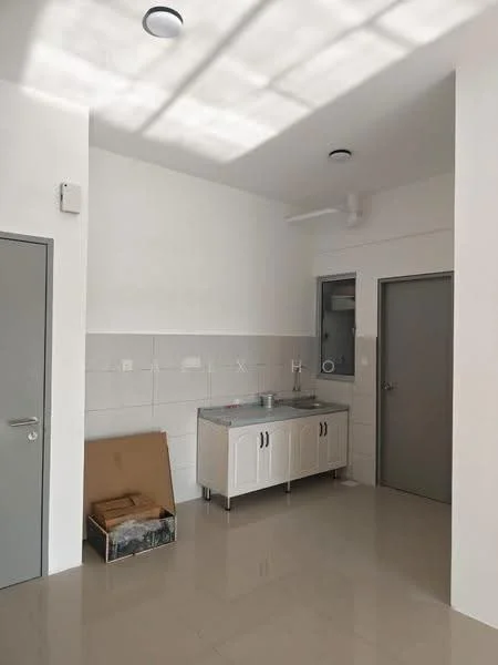 Kitchen features: white painted walls, grey tiled backsplash, grey countertop, white cabinetry with handles, single-bowl stainless-steel sink, chrome faucet, ceramic tile flooring, recessed downlights, floor-to-ceiling window, door to adjacent room; style: modern.