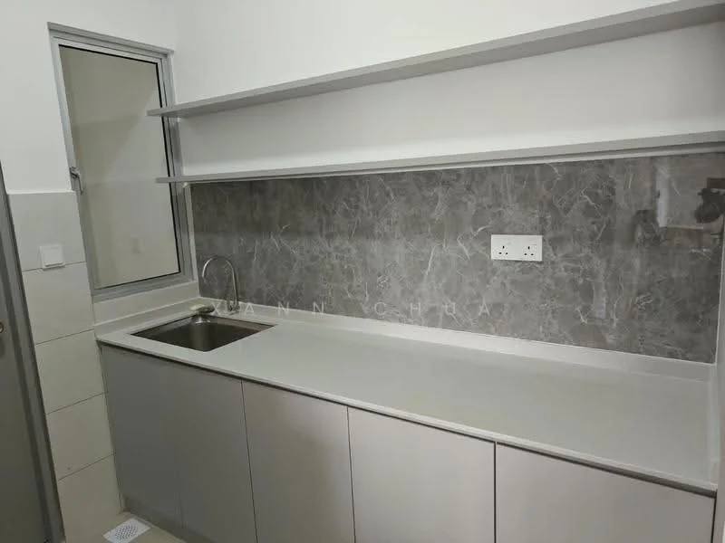 Kitchen features: single-bowl stainless-steel sink, chrome pull-down faucet, grey marble backsplash, light grey laminate countertop, flat-panel grey cabinets, open shelving above countertop, wall-mounted electrical outlets, tile flooring; style: modern.