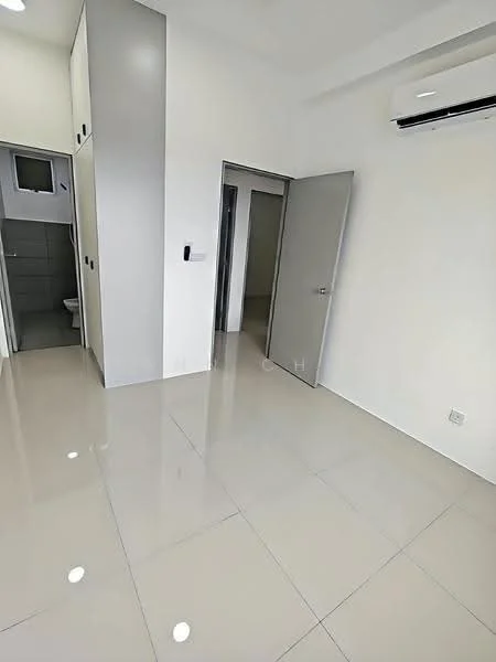 Room features: glossy tile flooring, white painted walls, recessed downlights, wall-mounted split AC, door to adjacent room, door to bathroom, built-in cabinetry, neutral color scheme; style: modern.