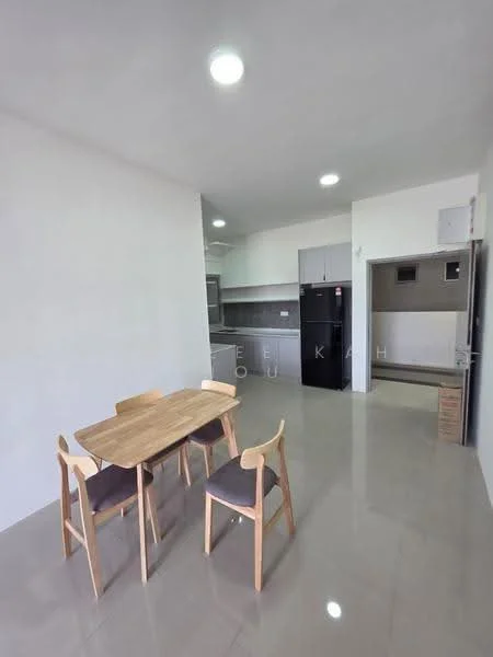Kitchen features: grey cabinetry, white walls, marble tile flooring, stainless-steel fridge, 4-burner gas hob, built-in oven, single-bowl stainless-steel sink, chrome pull-down faucet, dining table with 4 chairs, recessed downlights; style: modern.