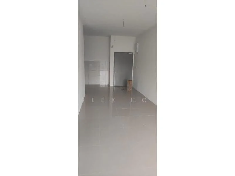 Room features: white painted walls, glossy ceramic tile flooring, single door, air conditioning unit, neutral color scheme, no visible furniture, open layout, large windows, minimal decor; style: modern.