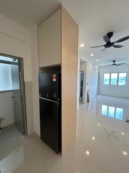 Room features: white painted walls, glossy tile flooring, ceiling fan, black fridge, wood cabinetry, large windows, natural light, open layout; style: modern.