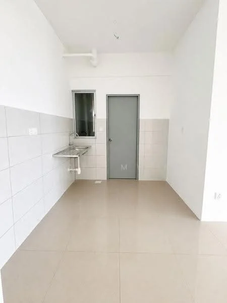 Laundry features: white painted walls, light grey tiled backsplash, cream tiled flooring, single-bowl stainless-steel sink, wall-mounted faucet, window for natural light, grey door, countertop for folding clothes; style: modern.