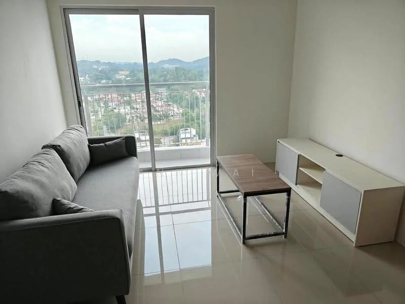 Living features: grey fabric sofa, wood coffee table with metal legs, TV console with grey cabinetry, floor-to-ceiling windows, glossy tile flooring, white painted walls, mountain view, natural light from windows; style: modern; view: mountain.