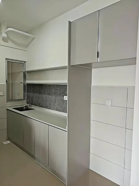 Kitchen features: grey cabinetry, single-bowl stainless-steel sink, chrome pull-down faucet, grey marble backsplash, white tiled walls, light grey countertop, open shelving above sink, built-in cabinets, floor-to-ceiling window, neutral tile flooring; style: modern.