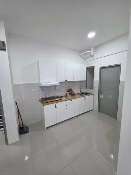 Kitchen features: white shaker cabinets, laminate countertop, single-bowl stainless-steel sink, chrome pull-down faucet, built-in hood, ceramic tile flooring, white tiled backsplash, recessed downlights, door to utility area, cleaning supplies visible; style: modern.