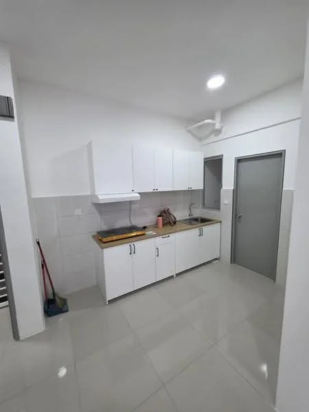 Kitchen features: white cabinetry, laminate countertop, stainless-steel sink, chrome pull-down faucet, built-in hood, ceramic tile flooring, white tiled backsplash, recessed downlights, wall-mounted cabinet, door to adjacent room; style: modern.