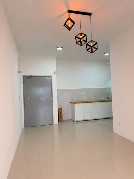 Room features: white painted walls, glossy tile flooring, recessed downlights, 3 pendant lights with geometric design, grey door, kitchen area with white cabinetry, grey backsplash, stainless-steel sink, countertop, open layout; style: modern.