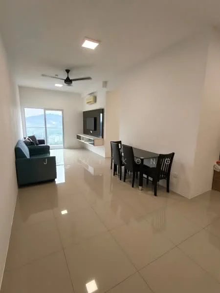 Living features: 3-seater fabric sofa in teal, black dining table for 4, black dining chairs, wall-mounted TV, TV console, ceiling fan, recessed LED downlights, large sliding glass door, white painted walls, glossy tile flooring, air conditioning unit; style: modern; view: city.
