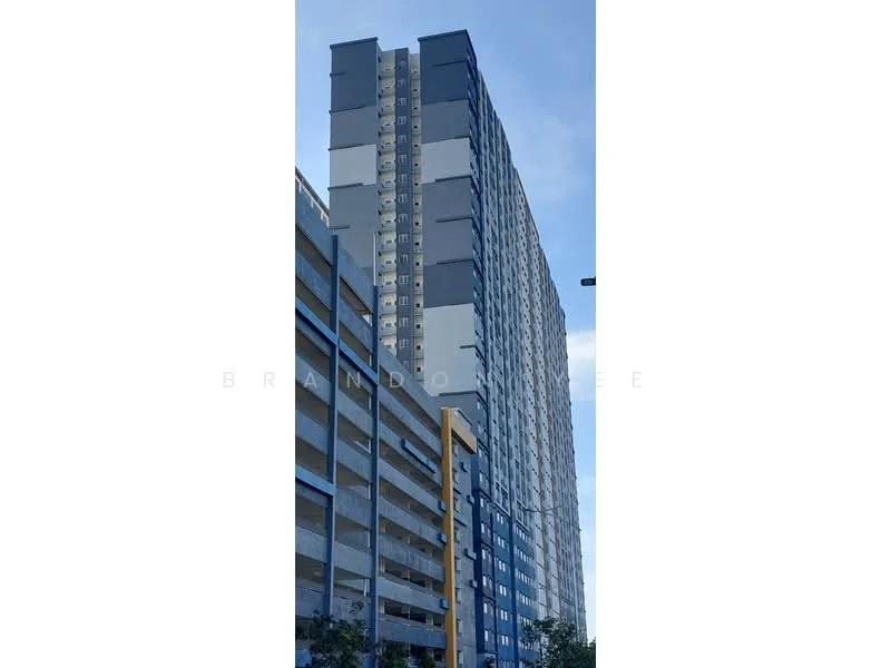 Exterior type: high-rise condominium; features: glass curtain wall, grey and white painted facade, approximately 20-storey high-rise, multi-storey car park, projecting balconies, feature lighting at night; style: modern.