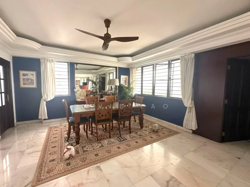 Dining features: marble flooring, blue painted walls, crown moulding, 5-blade ceiling fan, dining table with chairs, decorative area rug, floor-to-ceiling windows, sheer curtains, mirrored wall, indoor plants; style: traditional.