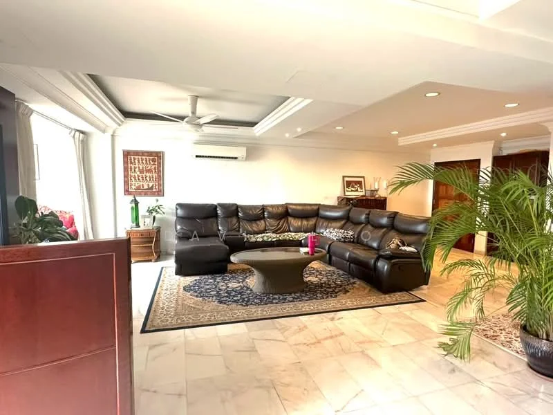 Living features: black leather sectional sofa, coffee table, area rug with intricate pattern, 5-blade ceiling fan with light, recessed downlights, floor-to-ceiling windows with sheer curtains, marble flooring, decorative plants, wall-mounted TV, wooden cabinetry, crown moulding on ceiling; style: modern.