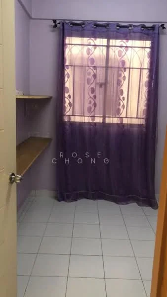 Room features: purple painted walls, white tiled flooring, window with sheer purple curtains, wooden shelving on one wall, light from window, no visible furniture.