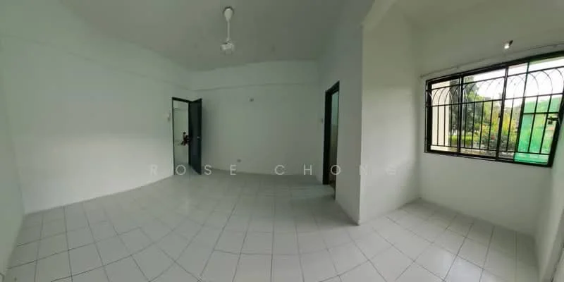Room features: white painted walls, white tiled flooring, ceiling fan, large window with metal grille, green view outside, corner room layout, natural light from window; view: garden.