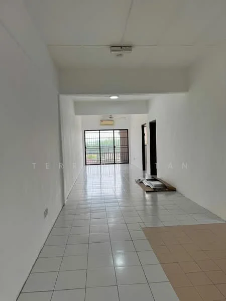 Room features: white painted walls, glossy white tile flooring, recessed lighting, sliding glass door, window with security bars, air conditioning unit, open layout, neutral color scheme; style: modern; view: garden.