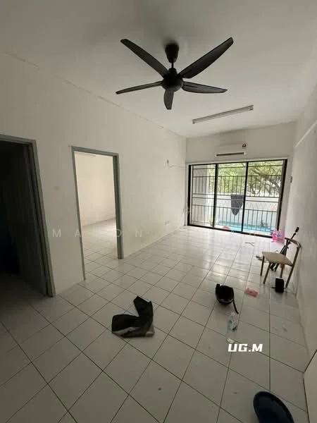 Living features: white painted walls, ceramic tile flooring, 5-blade ceiling fan, floor-to-ceiling sliding glass door, balcony view of pool, air conditioning unit, natural light from large window, empty space with minimal furniture; view: pool. Room features: white painted walls, ceramic tile flooring, doorway leading to another room.