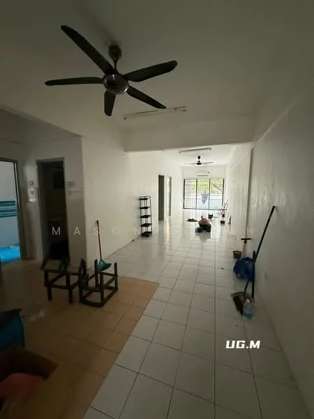 Room features: white painted walls, tile flooring, 5-blade ceiling fan, large windows, open layout, natural light, sitting area, storage shelves, clean and minimal decor; style: minimalist.