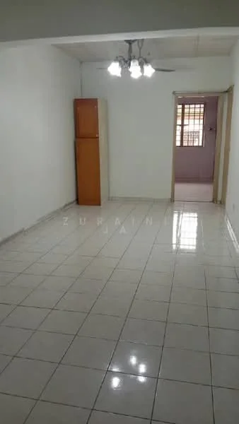 Room features: white painted walls, glossy ceramic tile flooring, ceiling light fixture with multiple bulbs, ceiling fan, wooden cabinet, window with grid pattern, doorway leading to another room; style: minimalist.