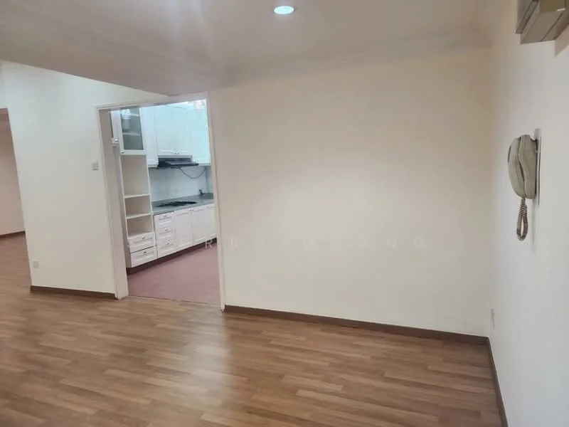 Room features: light-colored painted walls, laminate wood flooring, recessed ceiling lights, wall-mounted intercom, doorway leading to kitchen, open layout, air conditioning unit; style: modern.