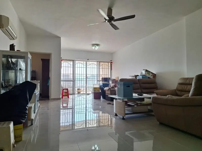 Living features: cream painted walls, polished tile flooring, 5-blade ceiling fan, floor-to-ceiling windows, brown leather sofa, coffee table, glass display cabinet, boxes and clutter, air conditioning unit; style: modern; view: city.