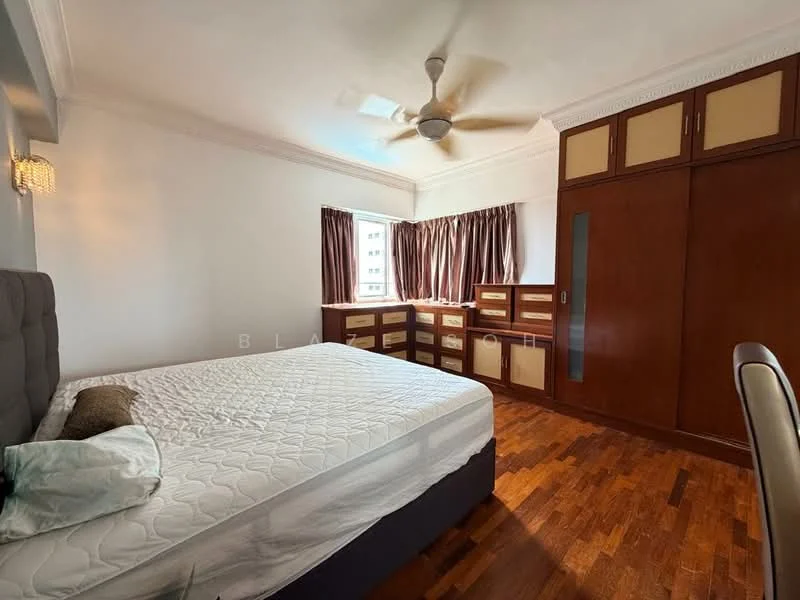 Bedroom features: queen-size bed, upholstered headboard, wooden wardrobe with sliding doors, built-in cabinetry, window with sheer curtains, ceiling fan, wooden flooring, decorative wall sconce; style: modern.