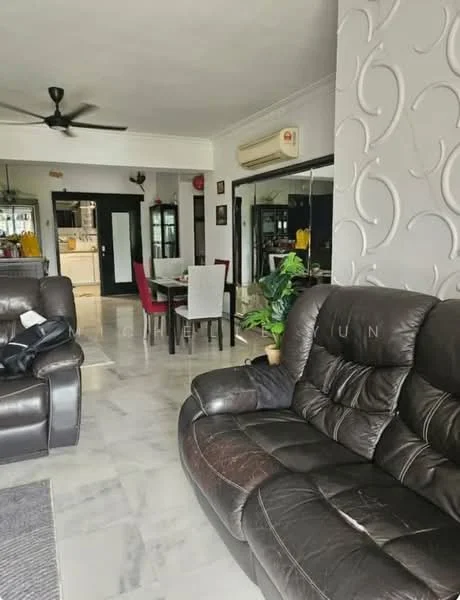 Living features: dark brown leather sofa, 3-seater sofa, marble flooring, ceiling fan, wall-mounted air conditioning unit, decorative wall with textured pattern, area rug, potted plant, glass sliding door, mirror wall, open layout to dining area; style: modern. Dining features: 4-seater dining table, upholstered dining chairs, open layout to living area; style: modern. Kitchen features: kitchen counter, open layout to dining area; style: modern.