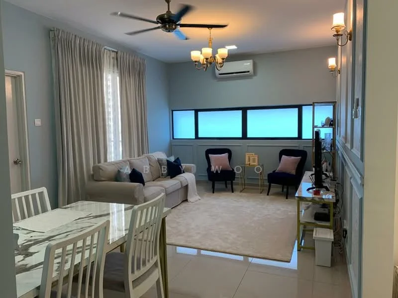 Living features: 3-seater fabric sofa in light grey, 2 armchairs in navy blue, coffee table, TV console, wall-mounted TV, area rug, ceiling fan, recessed downlights, large windows with sheer curtains, cream painted walls, tile flooring; style: modern. Dining features: 6-seater dining table with white chairs, glass tabletop, cream painted walls, tile flooring; style: modern.