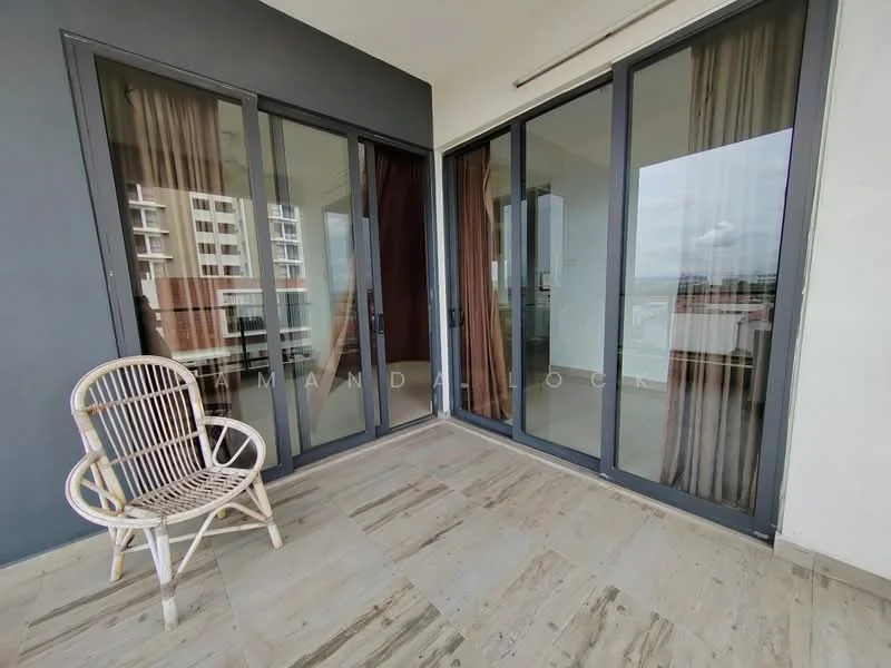 Balcony features: sliding glass doors, floor-to-ceiling windows, curtains, stone flooring, rattan chair, exposed concrete wall, city view; style: modern; view: city.