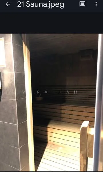 Room features: wooden bench seating, wood paneling, tile flooring, exposed ceiling, light fixtures, door with handle, ventilation grilles; style: modern.
