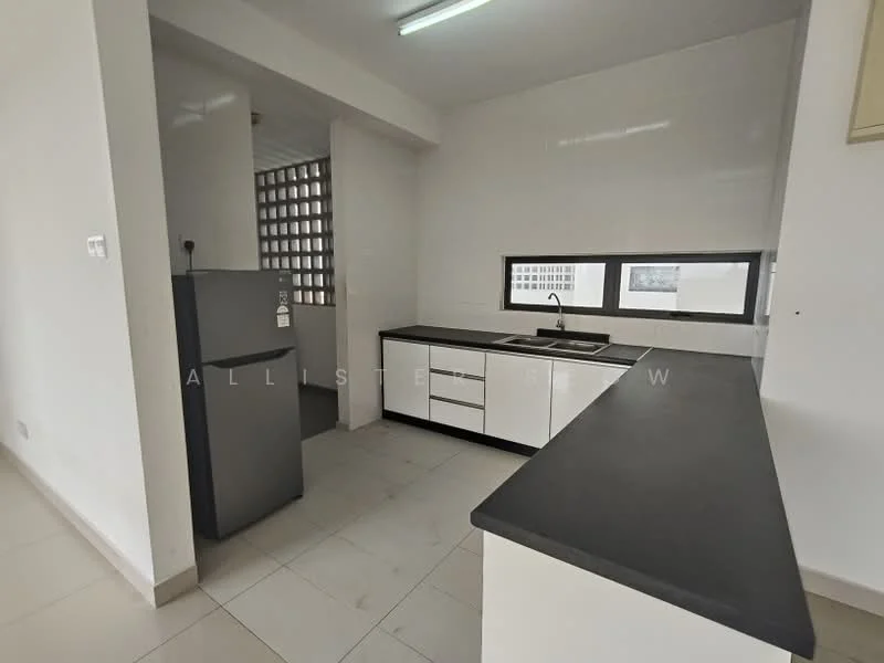 Kitchen features: single-bowl stainless-steel sink, chrome pull-down faucet, black countertop, white cabinetry with flat-panel doors, stainless-steel fridge, ceramic tile flooring, white painted walls, window with view to outside; style: modern.