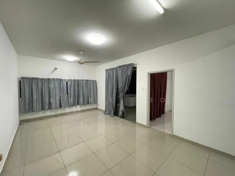 Living features: white painted walls, glossy ceramic tile flooring, ceiling light fixture, 5-blade ceiling fan, floor-to-ceiling windows with grey curtains, sliding glass door, neutral color scheme, open layout; style: modern.
