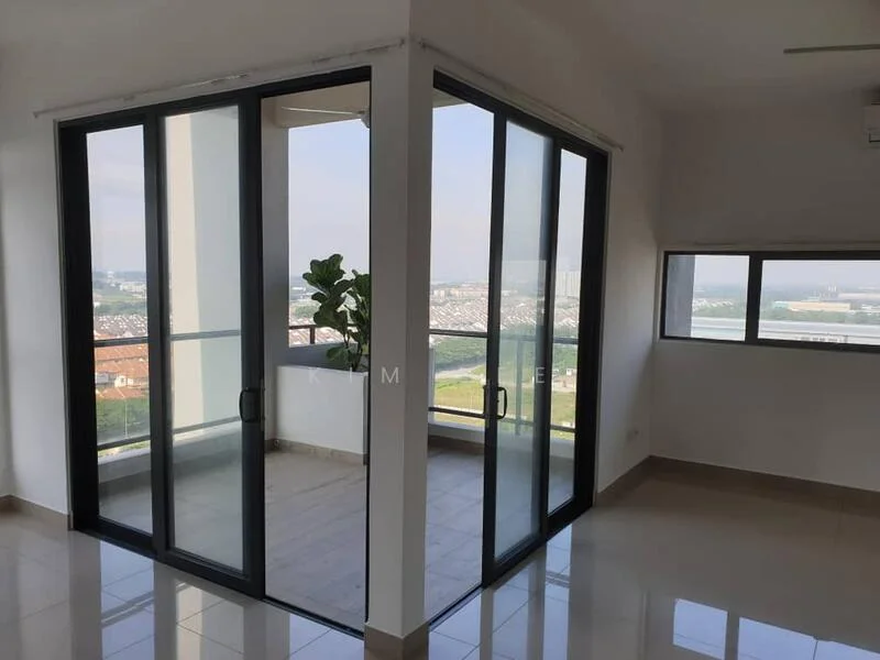Room features: floor-to-ceiling glass sliding doors, large windows, white painted walls, glossy tile flooring, indoor plant, view of city skyline, natural light, corner room layout; style: modern; view: city.