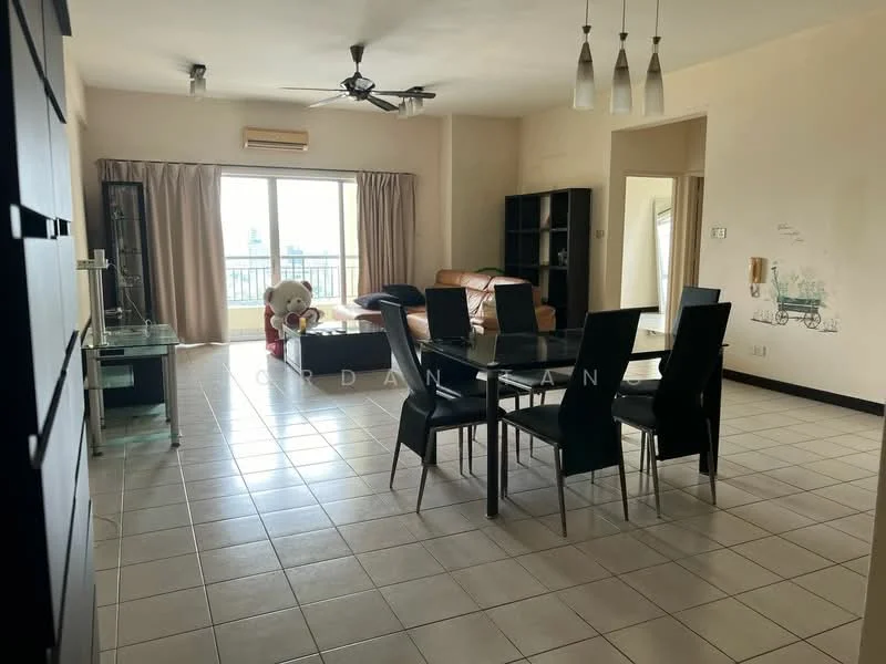 Living features: floor-to-ceiling windows, sliding glass door, beige leather sofa, 3-seater dining table, black dining chairs, ceiling fan, light fixtures with multiple bulbs, tiled flooring, decorative wall art, black shelving unit, large teddy bear, curtains, air conditioning unit; style: modern; view: city.