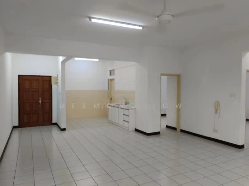 Room features: white painted walls, tile flooring, ceiling fan, recessed lighting, wooden front door, open layout, kitchen cabinetry visible, utility area, neutral color scheme; style: modern.