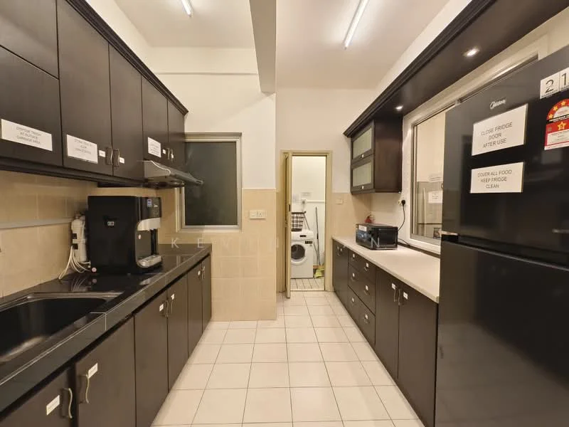 Kitchen features: black cabinetry, white countertop, double-bowl stainless-steel sink, chrome pull-down faucet, built-in microwave, freestanding fridge, ceramic tile flooring, wall-mounted cabinets, under-cabinet lighting, window with grid pattern, laundry area visible through door; style: modern.