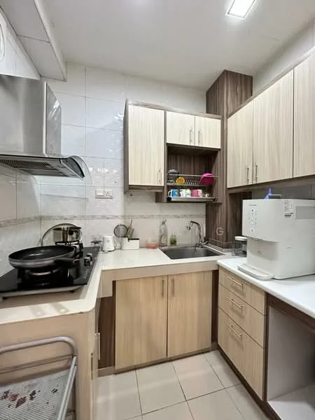 Kitchen features: stainless-steel sink, chrome pull-down faucet, granite countertop, white laminate cabinetry, wood grain upper cabinets, built-in oven, 4-burner gas hob, exhaust hood, white tiled backsplash, ceramic tile flooring, microwave, kitchen utensils on shelves, wall-mounted storage, recessed ceiling lights; style: modern.