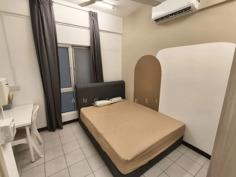 Bedroom features: queen-size bed with beige bedding, upholstered headboard, white walls, grey curtains, floor-to-ceiling window, air conditioning unit, tile flooring, study desk with chair, built-in wardrobe, decorative wall feature; style: modern.