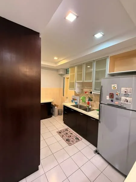 Kitchen features: dark wood cabinetry, white countertop, stainless-steel fridge, built-in sink, wall-mounted cabinets, ceramic tile flooring, recessed ceiling lights, kitchen rug, counter space, window above sink; style: modern.