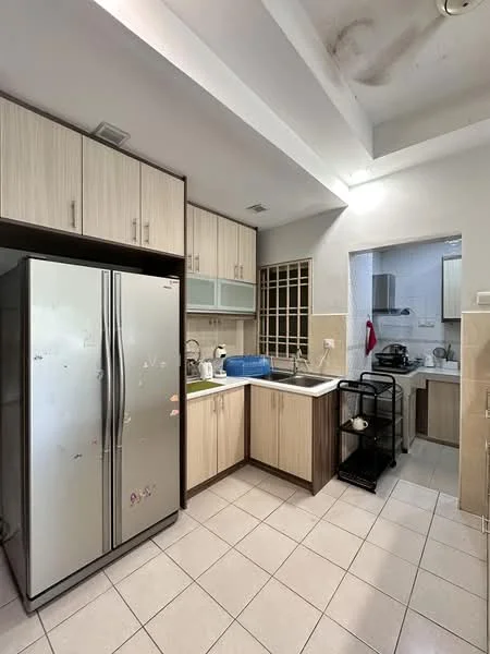 Kitchen features: stainless-steel side-by-side fridge, laminate cabinetry in light wood, white countertop, ceramic tile backsplash, single-bowl stainless-steel sink, chrome pull-down faucet, built-in oven, freestanding range oven, wall-mounted microwave, tile flooring, open shelving, kitchen cart, window with sheer curtains, recessed downlights; style: modern.