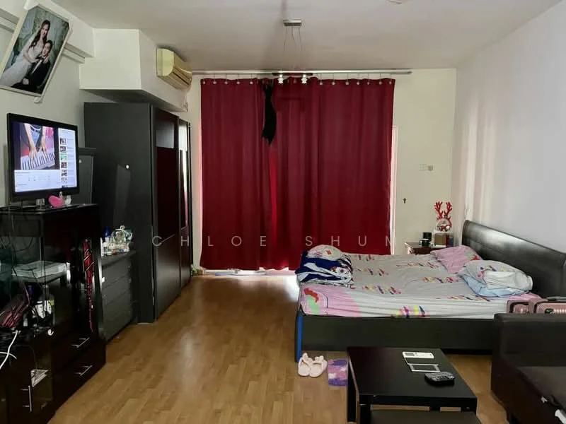 Living features: wooden flooring, red curtains, black leather bed, wall-mounted TV, black TV console, dark wood cabinet, air conditioning unit, decorative wall art, pink bedding, coffee table, sliding door, light ceiling fixture; style: modern.