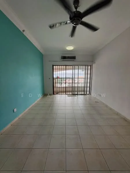 Living features: turquoise accent wall, white painted walls, tiled flooring, 5-blade ceiling fan, wall-mounted air conditioning unit, floor-to-ceiling windows, sliding glass door, window treatments, natural light from windows; style: modern; view: city.