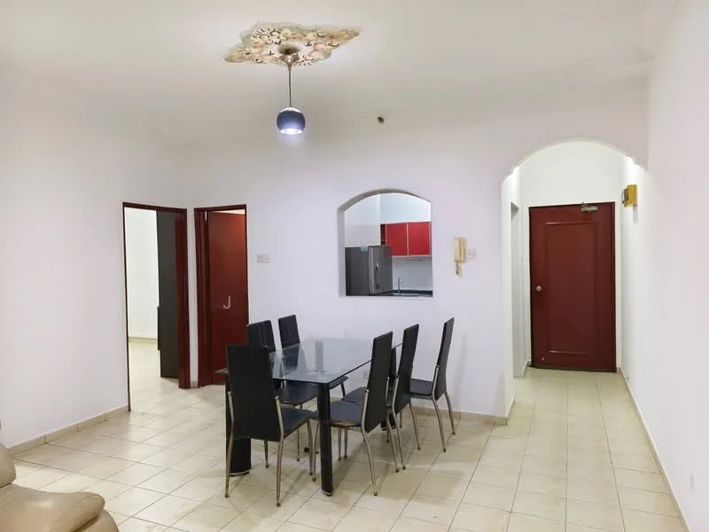 Dining features: glass dining table with metal legs, 6 black dining chairs, cream tiled flooring, white painted walls, decorative ceiling rose, pendant light fixture, arched doorway, doorway leading to kitchen, doorway leading to hallway; style: modern. Room features: white painted walls, cream tiled flooring.