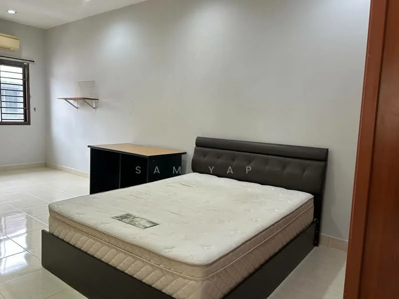 Bedroom features: queen-size bed with upholstered headboard, mattress on bed frame, wooden study desk, black cabinet, white painted walls, tile flooring, window with blinds, ceiling light fixture.
