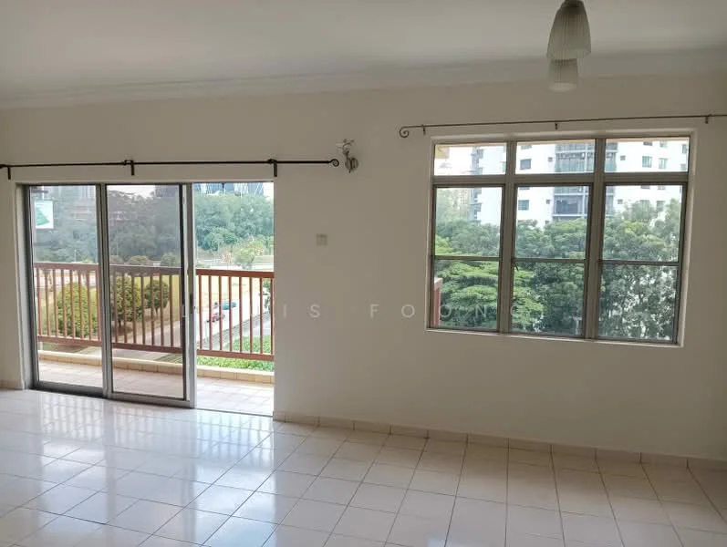 Living features: sliding glass door, floor-to-ceiling windows, white painted walls, tile flooring, ceiling light fixture, balcony view, curtain rod, window treatments; view: garden.