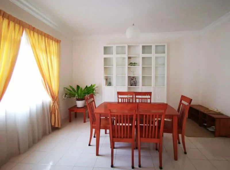 Dining features: wooden dining table with 6 chairs, white walls, cream curtains, large window with sheer curtains, tile flooring, built-in glass display cabinet, potted plant, sideboard or console table, ceiling light fixture; style: minimalist.