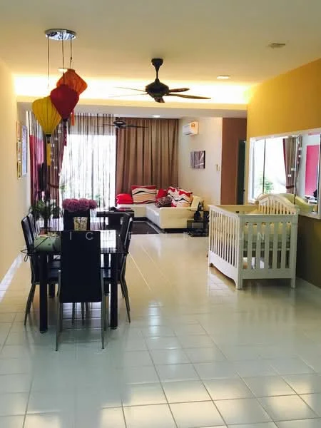 Dining features: white tiled flooring, 6-seater dining table, black dining chairs, pendant lamp, decorative lanterns, wall-mounted mirror, potted plants, open layout to living area; style: modern. Living features: sofa in cream, red and white accent cushions, floor-to-ceiling windows with sheer curtains, coffee table, TV console, area rug, ceiling fan; style: modern. Room features: crib, decorative wall art, wall with brown accent paint.